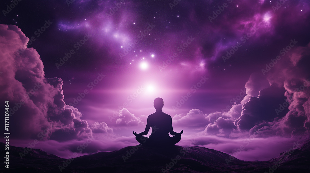 Tranquil silhouette of a person meditating in a cosmic landscape Tranquil silhouette of a person meditating in a cosmic landscape