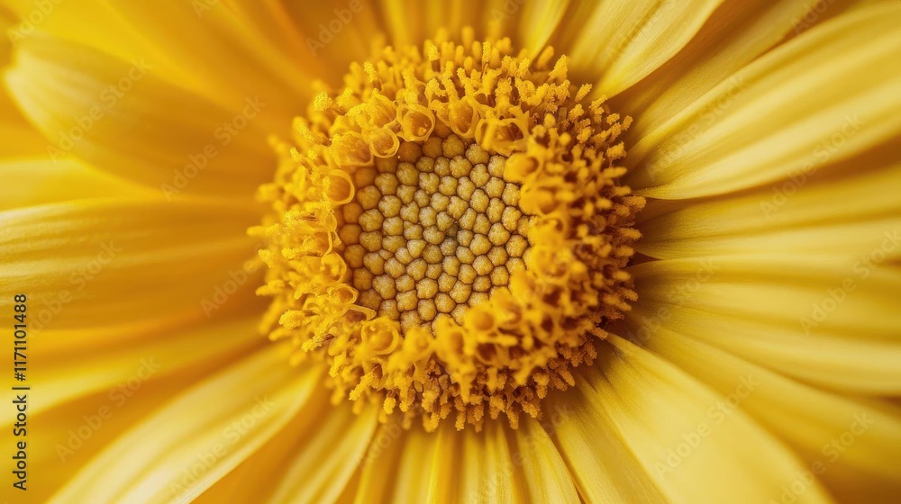 Close-up of a vibrant yellow flower showcasing its intricate center and petal structure. Close-up of a vibrant yellow flower showcasing its intricate center and petal structure.