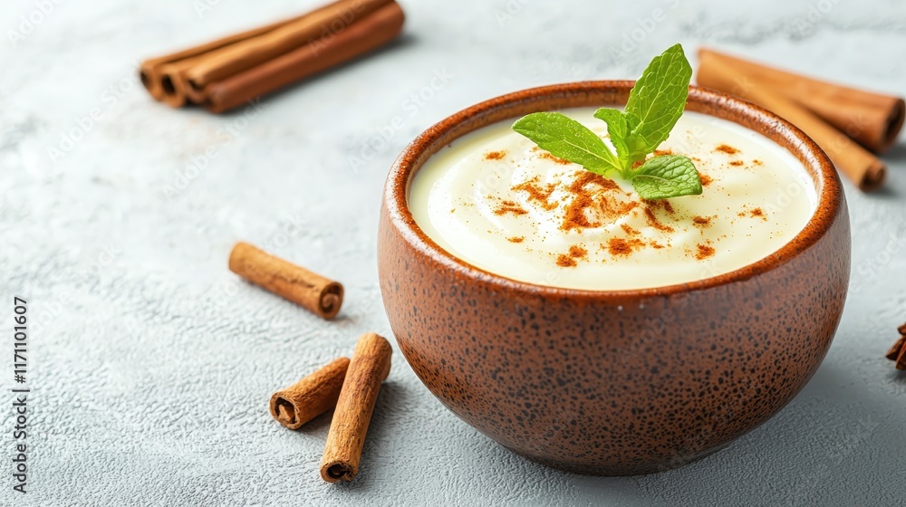 Creamy dessert bowl with mint leaf and cinnamon sticks on textured surface Creamy dessert bowl with mint leaf and cinnamon sticks on textured surface
