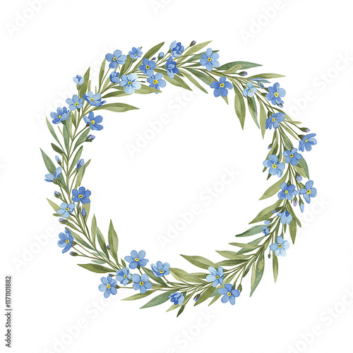 Watercolor Forget Me Nots Wreath Floral Frame Spring Flowers Botanical Illustration Romantic Design photo