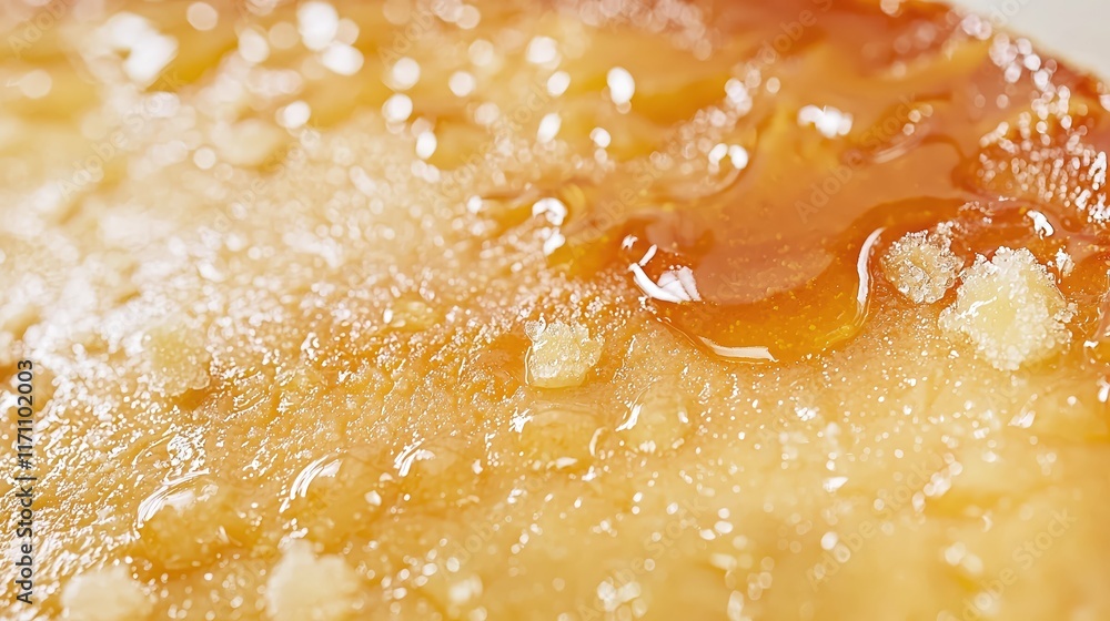 Close-Up of Golden Honey Dripping Over a Sticky Surface with Sugar Crystals and Glossy Texture Close-Up of Golden Honey Dripping Over a Sticky Surface with Sugar Crystals and Glossy Texture