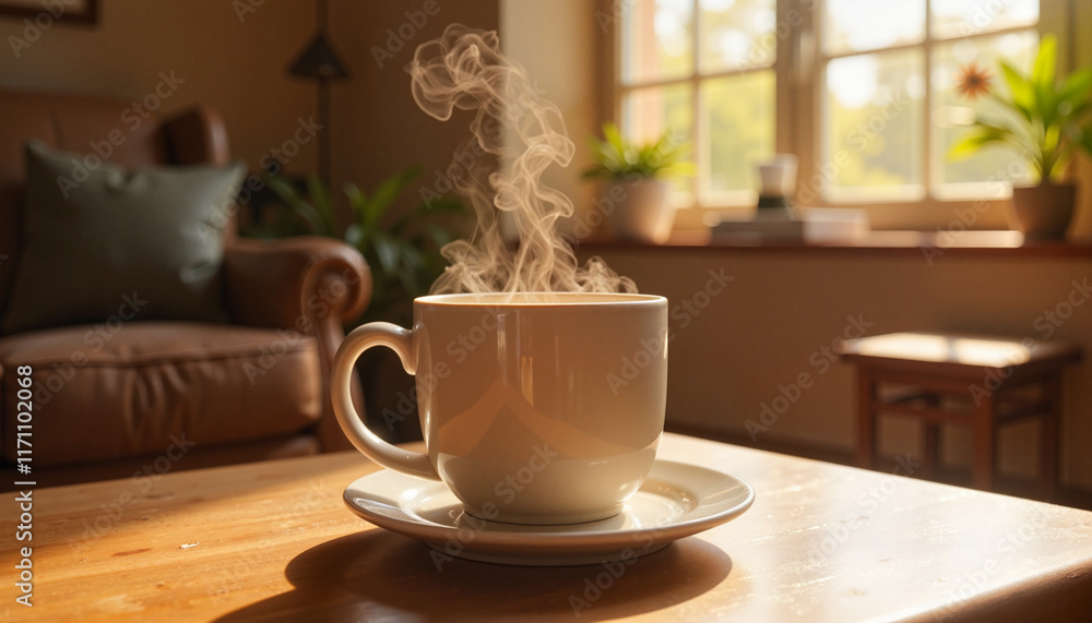 Steaming tea cup in rustic living room, exploring anosmia concept Steaming tea cup in rustic living room, exploring anosmia concept