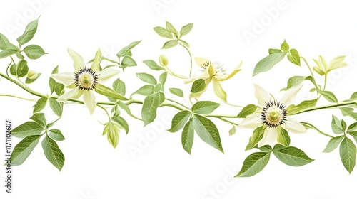 Passionflower vine border, white flowers, green leaves, isolated, botanical illustration, ideal for design.