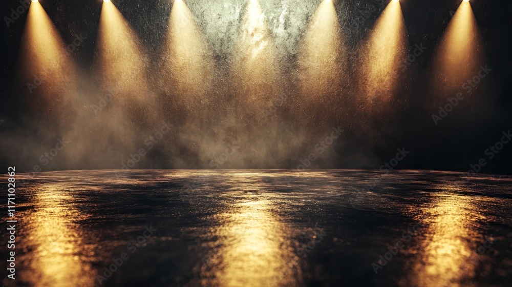 Obraz premium Golden Stage Lights and Smoky Atmosphere