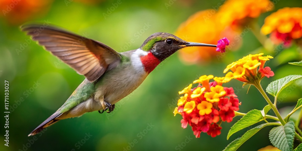 Ruby-throated Hummingbird Feeding on Vibrant Lantana Flowers - Candid Wildlife Photography Ruby-throated Hummingbird Feeding on Vibrant Lantana Flowers - Candid Wildlife Photography