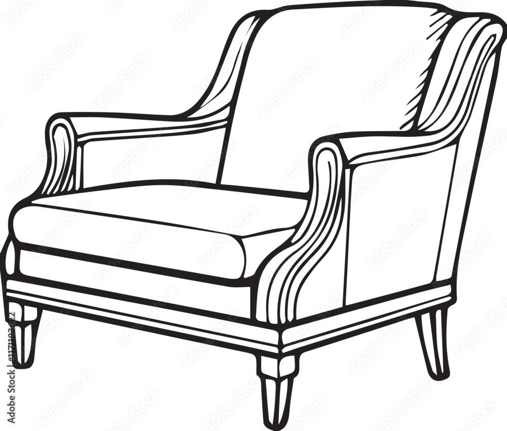 Black and white line art Silhouette sofa chair vector doodle art in white background Black and white line art Silhouette sofa chair vector doodle art in white background