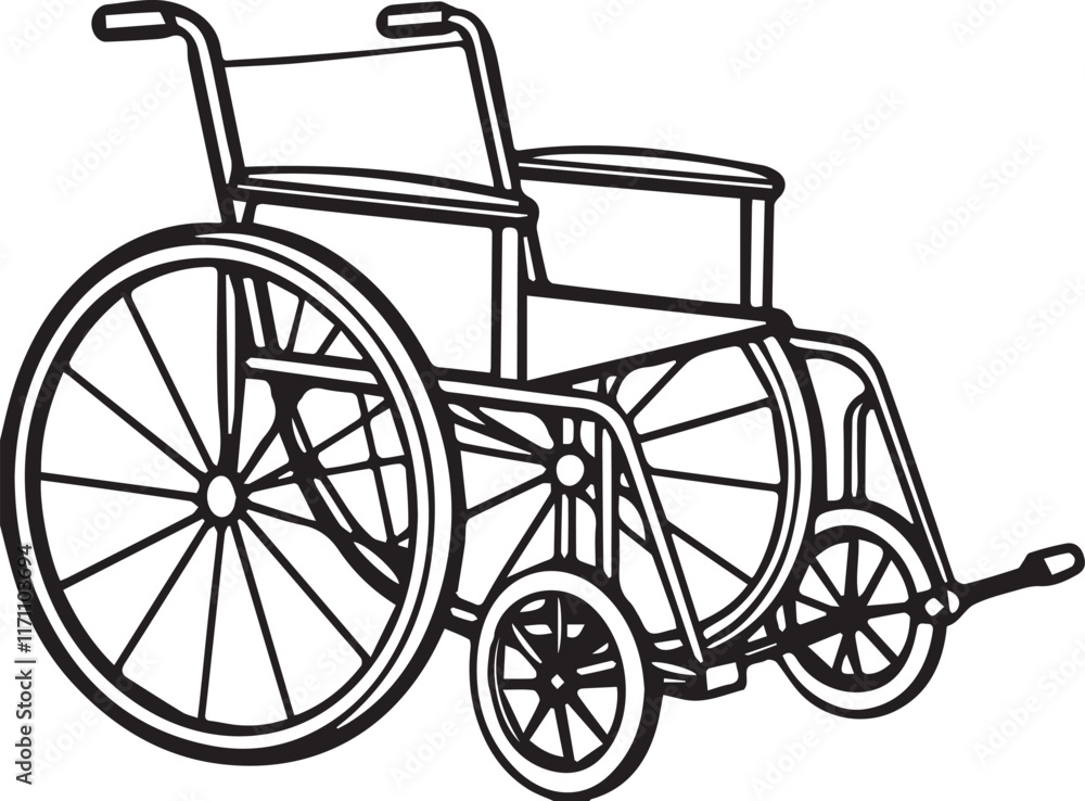 Fototapeta premium Black and white line art Silhouette wheel chair vector doodle art in white background