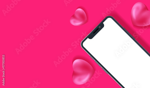 Phone mock up on pink background with 3d hearts. Mock-up smartphone with white empty screen. Cellular with pink candy hearts. Display for valentine's day, date, letter, message. Vector love cellphone.