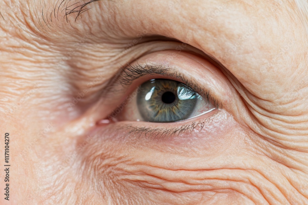 Fototapeta premium Close-up of old woman's eye, wrinkles. Macro Eye of Female Senior. Detail of older woman with green eyes. Elderly person look up side view. Wrinkled face of aged lady. Optical symptoms, health concept