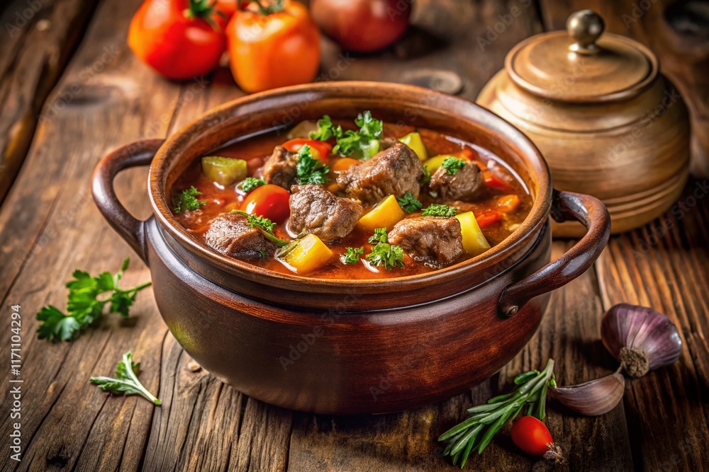 Rustic Ceramic Pot of Hearty Meat Stew, Close-Up Food Photography Rustic Ceramic Pot of Hearty Meat Stew, Close-Up Food Photography