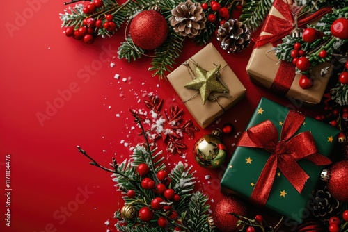 Christmas Eve Celebration: Present Boxes and Ornaments on Red Background with Copy Space photo