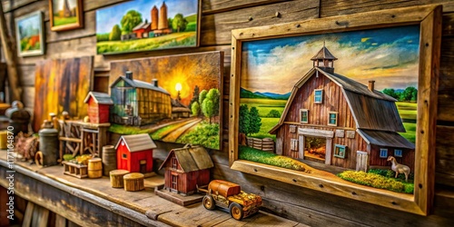 Fototapeta Naklejka Na Ścianę i Meble -  Rustic Farm Artwork: Handcrafted Wooden Sculptures & Paintings on Display at Rural Farm