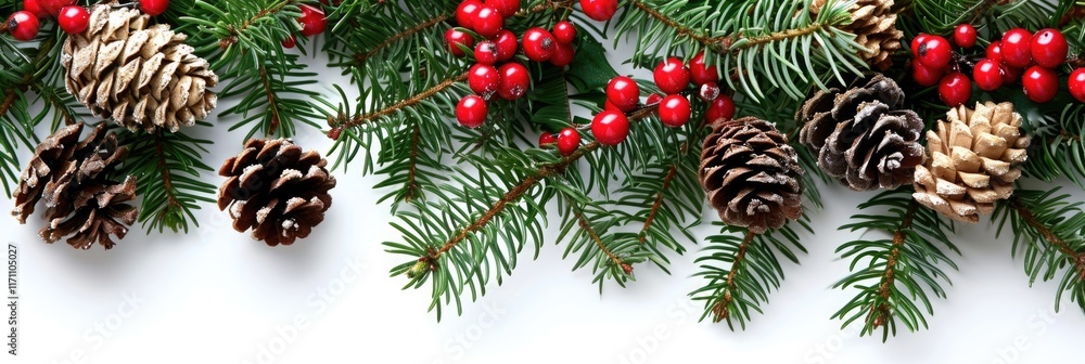 Christmas Pine Cone and Berry Garland Border in Festive Colors Christmas Pine Cone and Berry Garland Border in Festive Colors