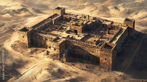 Aerial view of a desert fortress.