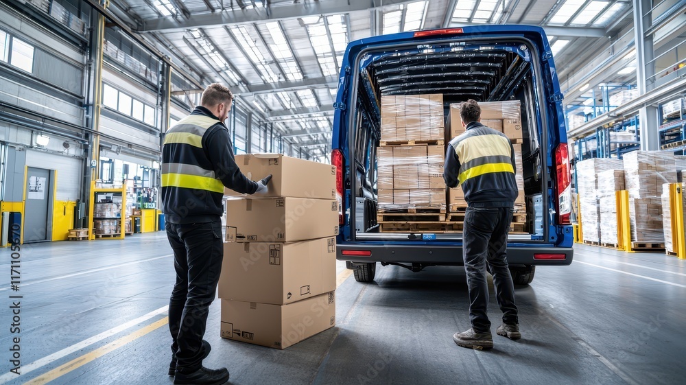 Truck delivery and moving box. Two workers loading boxes into a delivery van in a warehouse setting. Truck delivery and moving box. Two workers loading boxes into a delivery van in a warehouse setting.