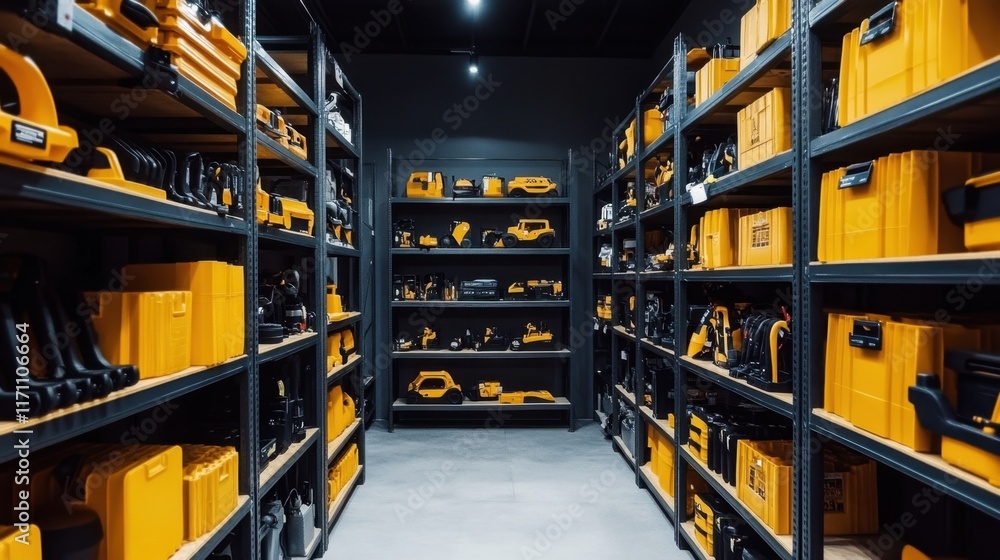 Fototapeta premium An industrial supply store with metal shelves stocked with equipment and safety gear.