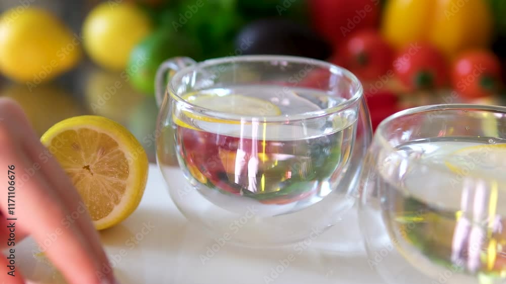 water with lemon white surface. A fresh and vibrant atmosphere in a kitchen setting, perfect for hydration, healthy living, and summer drinks. water with lemon white surface. A fresh and vibrant atmosphere in a kitchen setting, perfect for hydration, healthy living, and summer drinks.