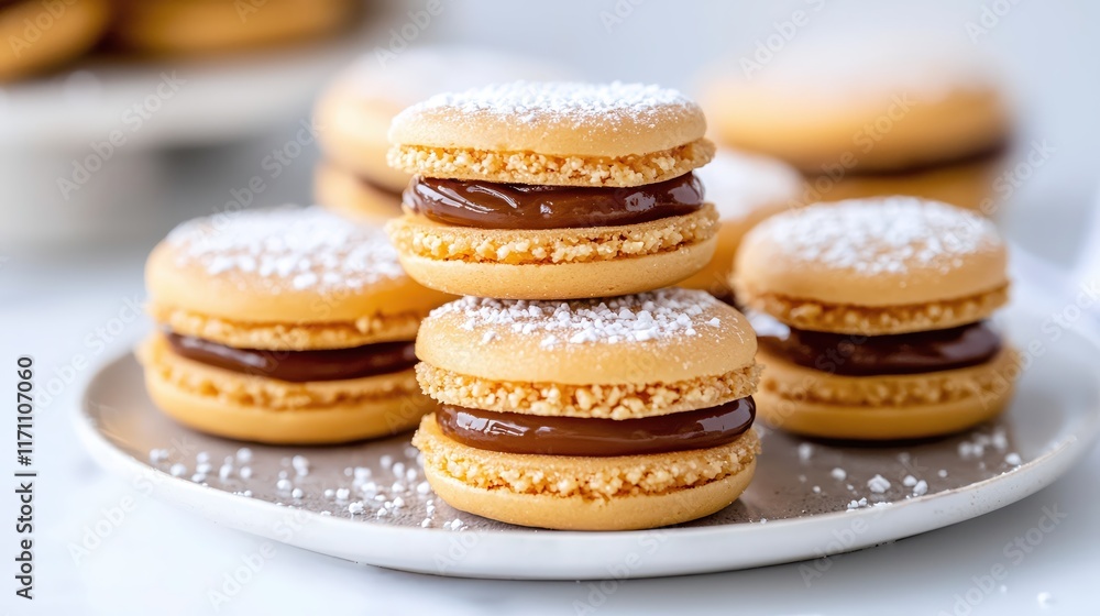Delicious French Cookies with Chocolate Filling on a Plate with Powdered Sugar Topping Delicious French Cookies with Chocolate Filling on a Plate with Powdered Sugar Topping