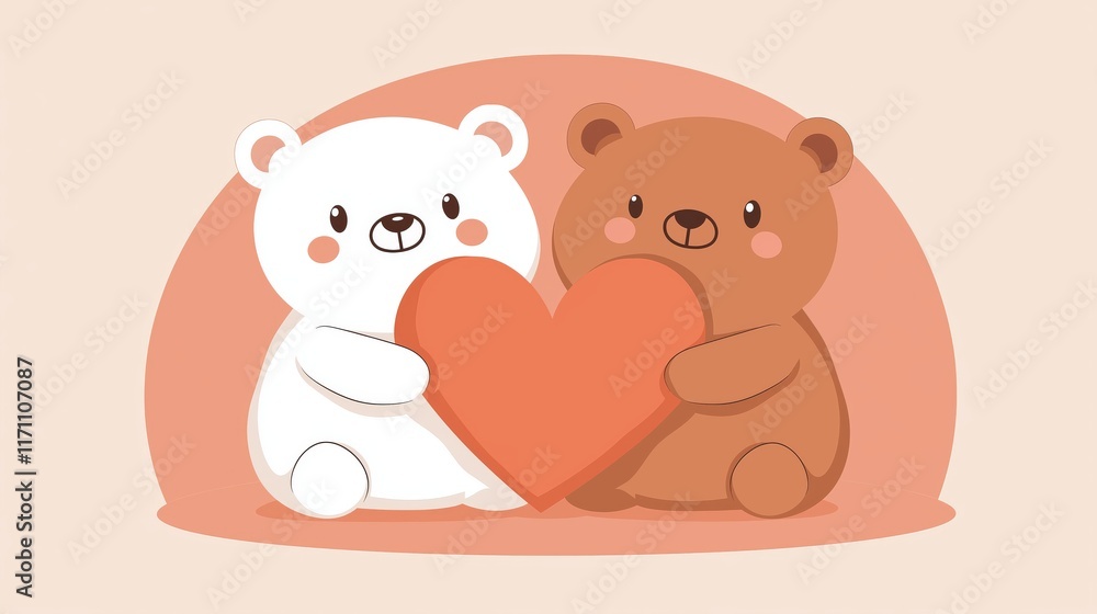 Naklejka premium Two cartoon bears, one white and one brown, holding a heart together against a soft pastel background