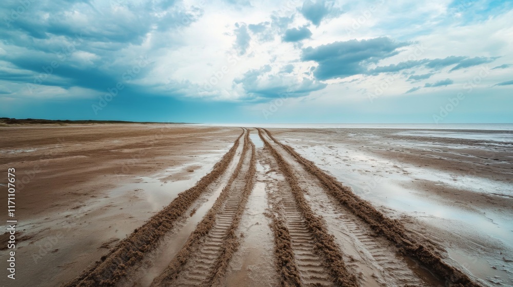 Tire tracks on a wet, sandy beach under a dramatic sky. Tire tracks on a wet, sandy beach under a dramatic sky.