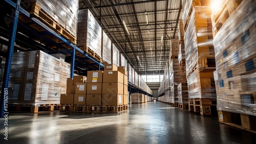 Wallpaper Mural Truck delivery and moving box. Warehouse interior with stacked boxes and pallets, illuminated by natural light. Torontodigital.ca