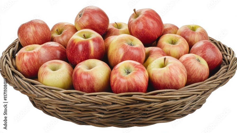 Freshly picked apples arranged in a wicker basket with a cozy countryside aesthetic. Freshly picked apples arranged in a wicker basket with a cozy countryside aesthetic.
