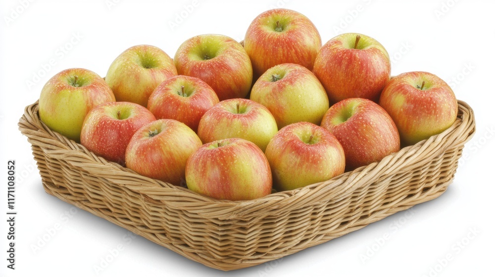 Freshly picked apples arranged in a wicker basket with a cozy countryside aesthetic. Freshly picked apples arranged in a wicker basket with a cozy countryside aesthetic.