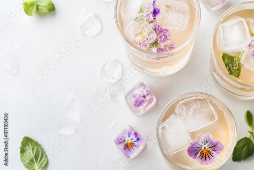 Delicate drinks adorned with edible flowers and fresh mint, refr photo