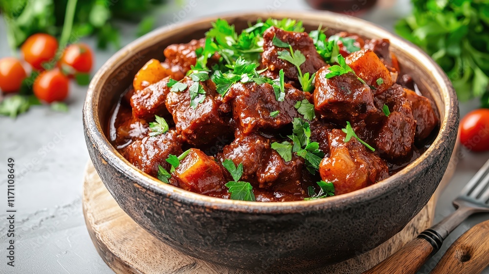 Delicious Slow Cooked Beef Stew with Fresh Vegetables and Herbs in a Rustic Bowl Delicious Slow Cooked Beef Stew with Fresh Vegetables and Herbs in a Rustic Bowl