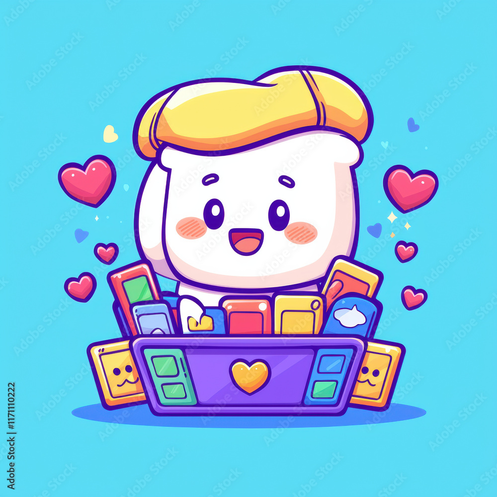 Naklejka premium Cute smartphone character with joyful expression surrounded by colorful devices and hearts. This kawaii style illustration evokes happiness and playfulness