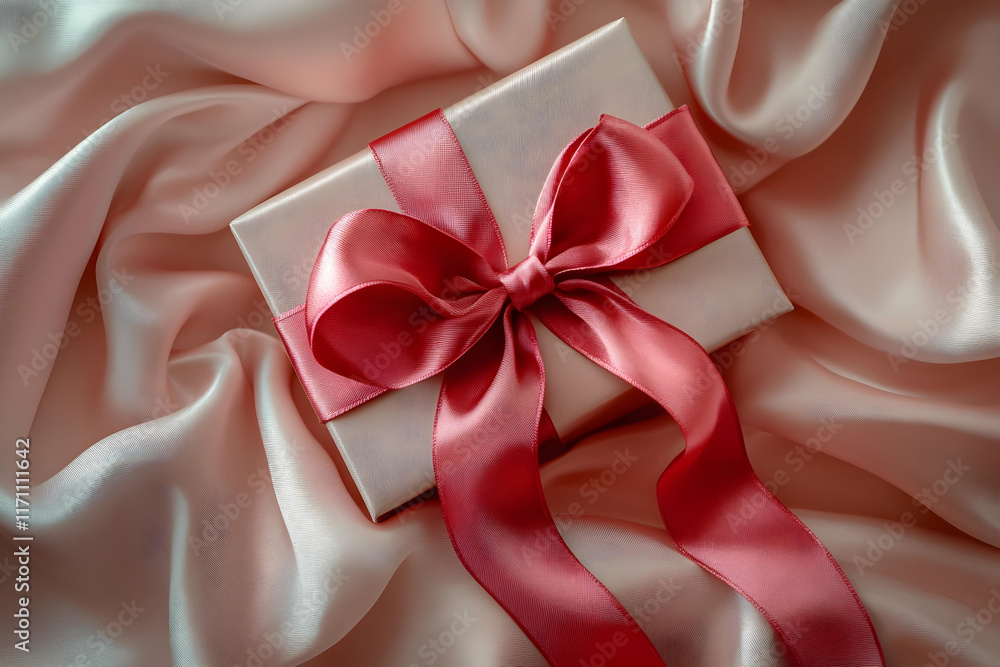 wrapped present box with pink lace ribbon from satin silk fabric wrapped present box with pink lace ribbon from satin silk fabric