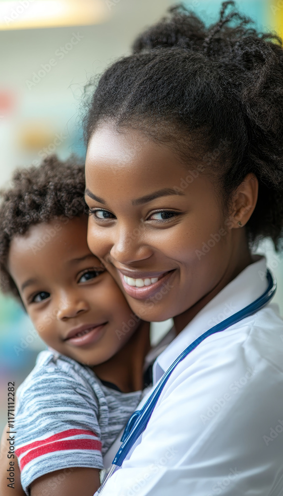 Healthcare worker comforting child with warm smile in pediatric setting Healthcare worker comforting child with warm smile in pediatric setting