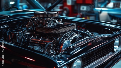 Close-up of a classic car's powerful, detailed engine in a garage. photo