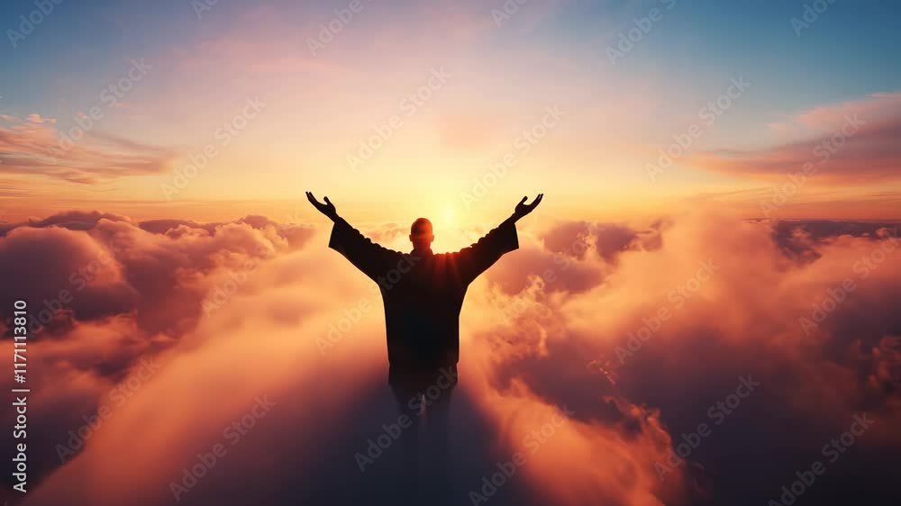 A mystical religious figure stands with arms wide open in the sky. A mystical religious figure stands with arms wide open in the sky.