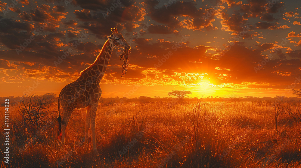 Αυτοκόλλητο Tall beautiful giraffe walking in African savannah at sunset