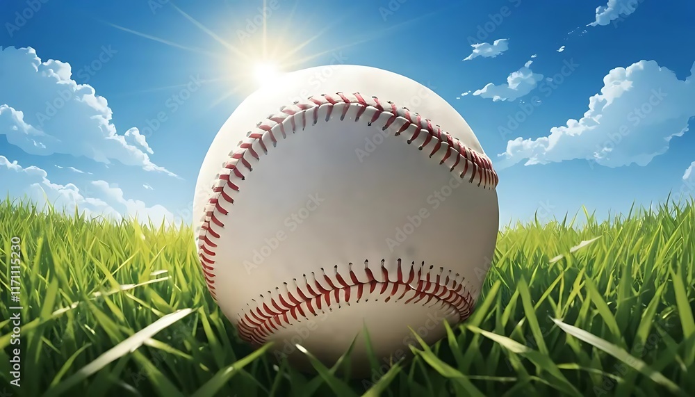 Baseball rests in vibrant green grass under a sunny sky Baseball rests in vibrant green grass under a sunny sky
