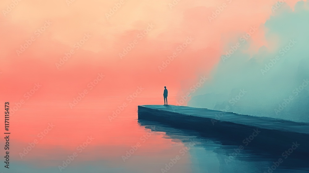 Solitary figure stands on pier, surrounded by tranquil water and Solitary figure stands on pier, surrounded by tranquil water and