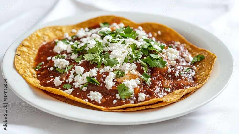 Delicious plate of traditional Mexican chilaquiles with toppings and vibrant green cilantro Delicious plate of traditional Mexican chilaquiles with toppings and vibrant green cilantro