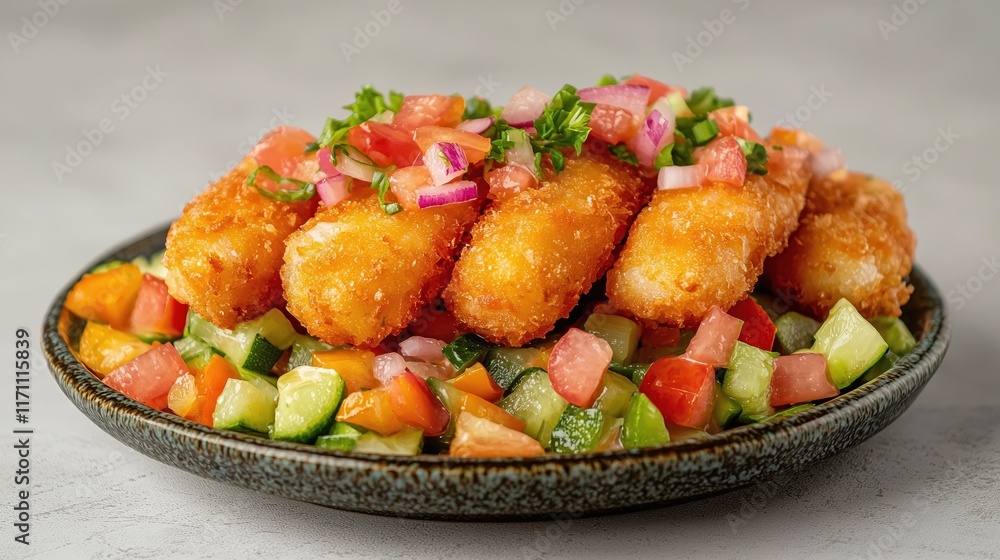 Crispy Fried Fish Fillets with Fresh Vegetable Salad and Colorful Salsa Garnish Crispy Fried Fish Fillets with Fresh Vegetable Salad and Colorful Salsa Garnish