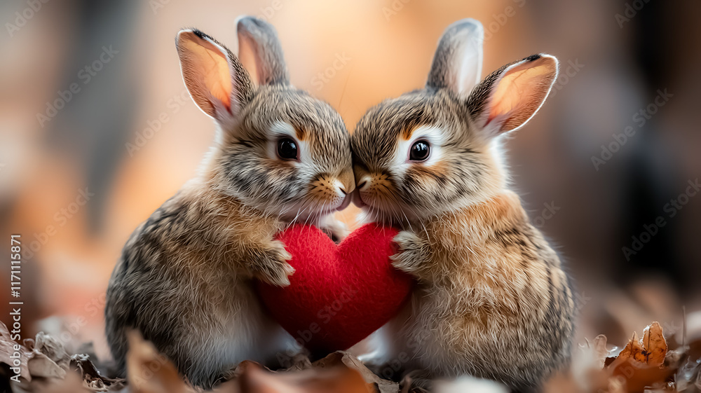 Two adorable rabbit sit closely, holding a shiny red heart together. Their touching noses and tender gaze evoke warmth and love, set against a soft, natural background. valentine's day
Two adorable rabbit sit closely, holding a shiny red heart together. Their touching noses and tender gaze evoke warmth and love, set against a soft, natural background. valentine's day