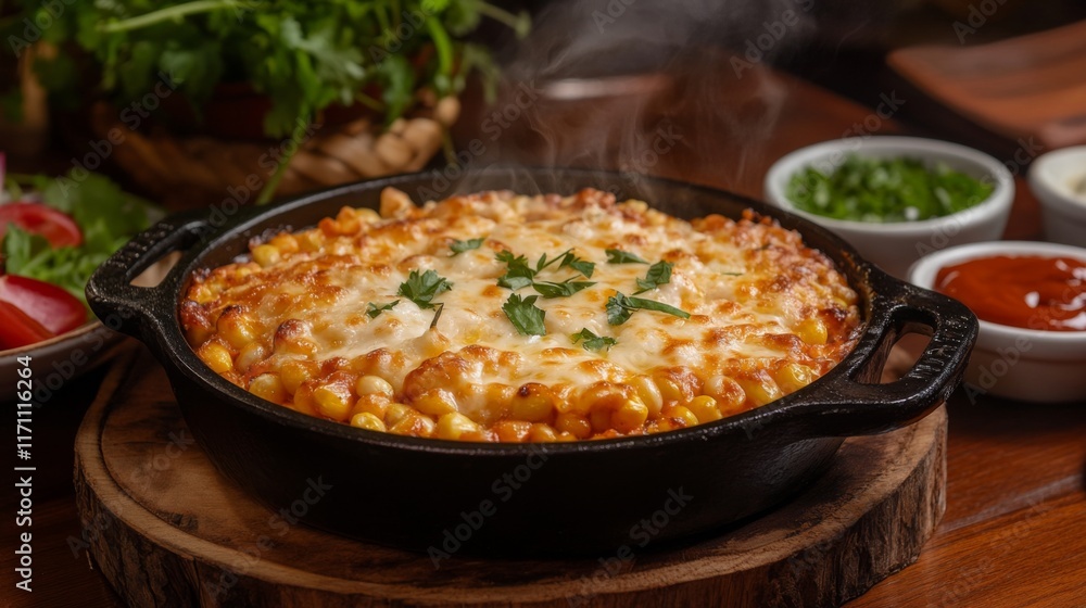 A cozy setup showcasing a bubbling skillet of cheese corn with steam rising, placed on a wooden table alongside fresh herbs and dipping sauces for an inviting presentation. A cozy setup showcasing a bubbling skillet of cheese corn with steam rising, placed on a wooden table alongside fresh herbs and dipping sauces for an inviting presentation.