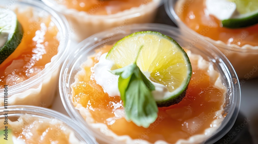 Delicious Citrus Dessert with Lime Slices and Fresh Cream in Clear Plastic Cups Delicious Citrus Dessert with Lime Slices and Fresh Cream in Clear Plastic Cups
