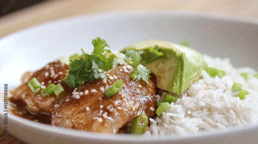 Delicious Asian-inspired Dish Featuring Steamed Rice, Tender Fish, and Fresh Avocado Slice
