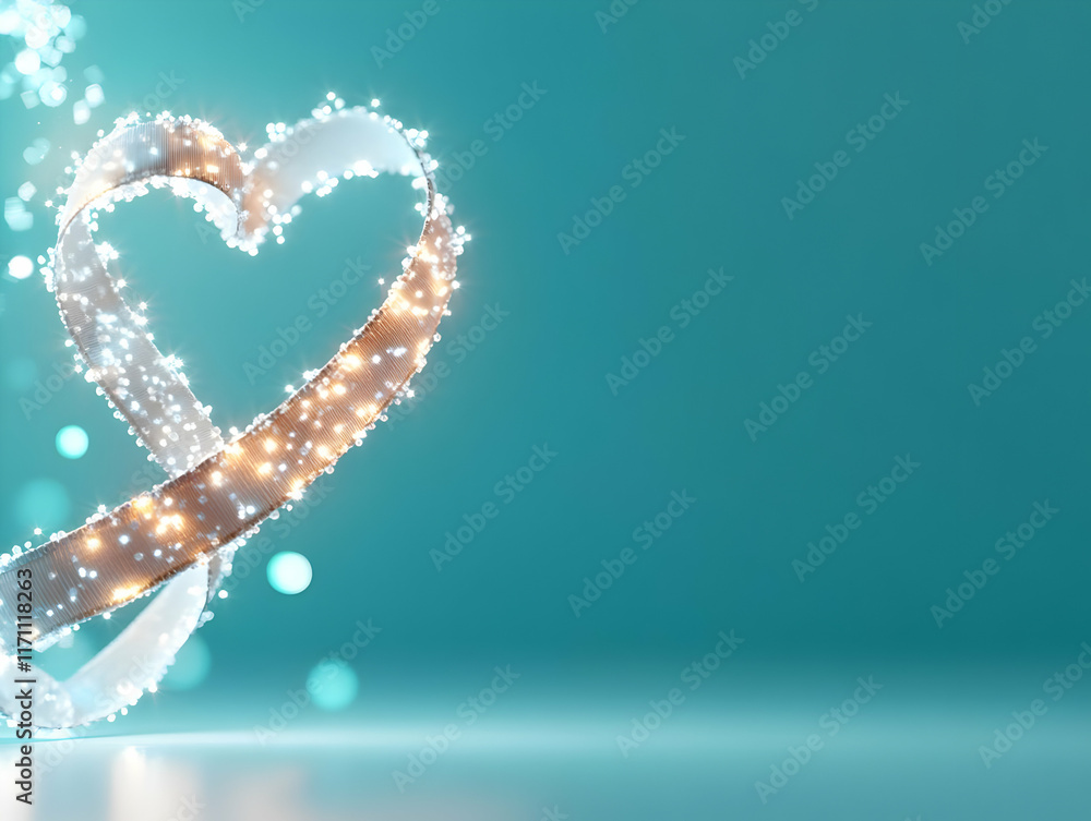 Naklejka premium Sparkling hearts, teal background, romantic, Valentine's Day, website banner