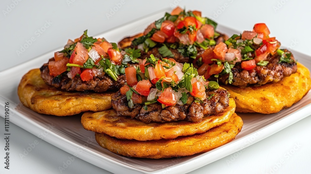 Delicious savory patties topped with fresh tomato salsa and herbs on a white plate Delicious savory patties topped with fresh tomato salsa and herbs on a white plate