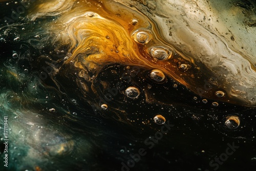 Macro of petroleum oil bubbles in dark liquid, gradient reflections of yellow, orange, green, dense and richly colored texture. photo