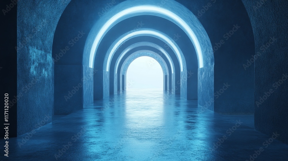 Obraz premium A blue tunnel with a light shining on the water