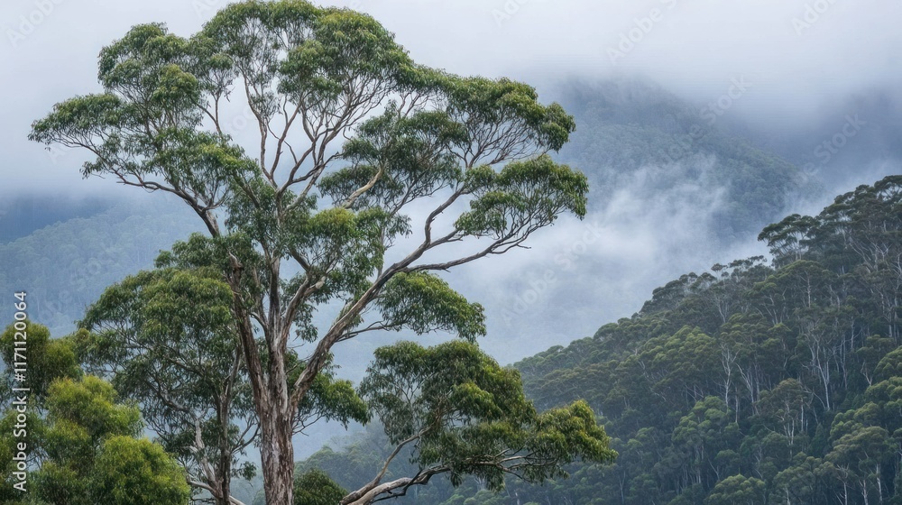 Obraz premium A tall tree stands amidst misty mountains, showcasing nature's beauty and tranquility.