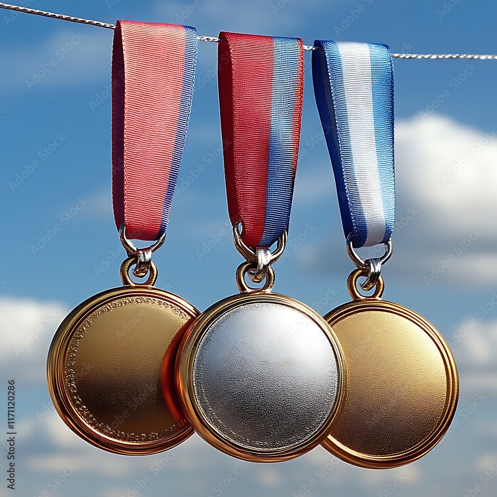 Three Olympic Medals Hanging Outdoors Against A Blue Sky