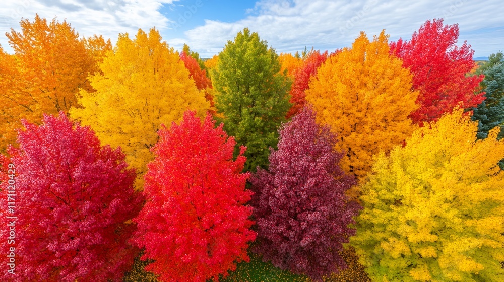 Aerial view of vibrant autumn trees under blue sky for nature backgrounds Aerial view of vibrant autumn trees under blue sky for nature backgrounds